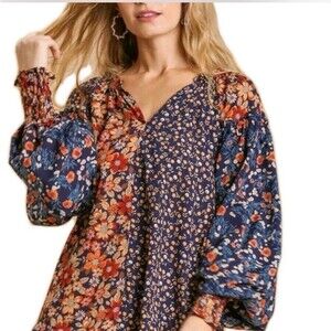 Umgee Blouse Top Women Sz M Floral Mixed Sprint Smocked Cuffs Boho Long Sleeve